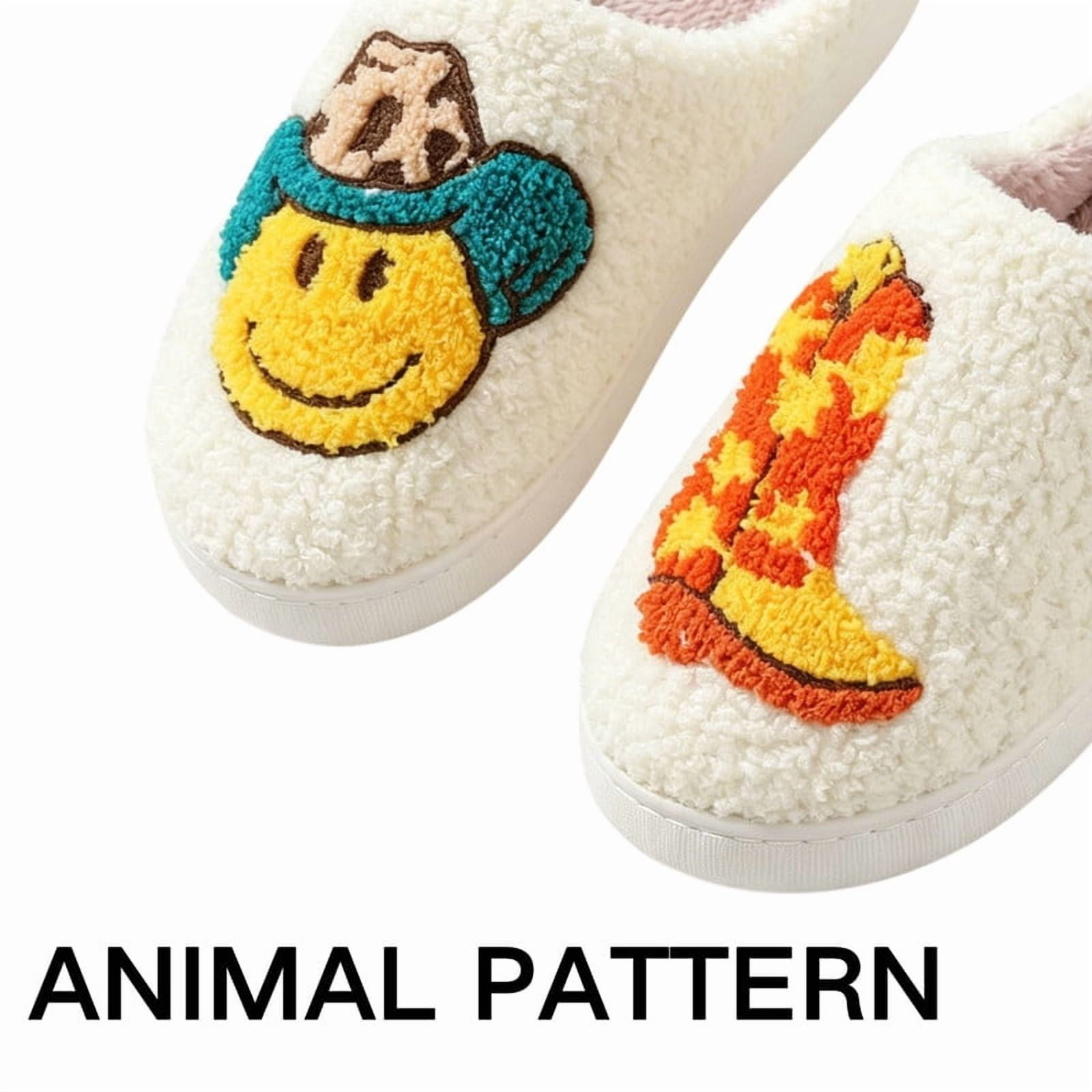 BERANMEY Cute Smile Cowboy Slippers for Women Perfect Soft Plush Comfy Warm Slip-On Western Boots Slippers fo Women Indoor Fluffy House Slippers for Women and Men Non-slip Fuzzy Flat Slides