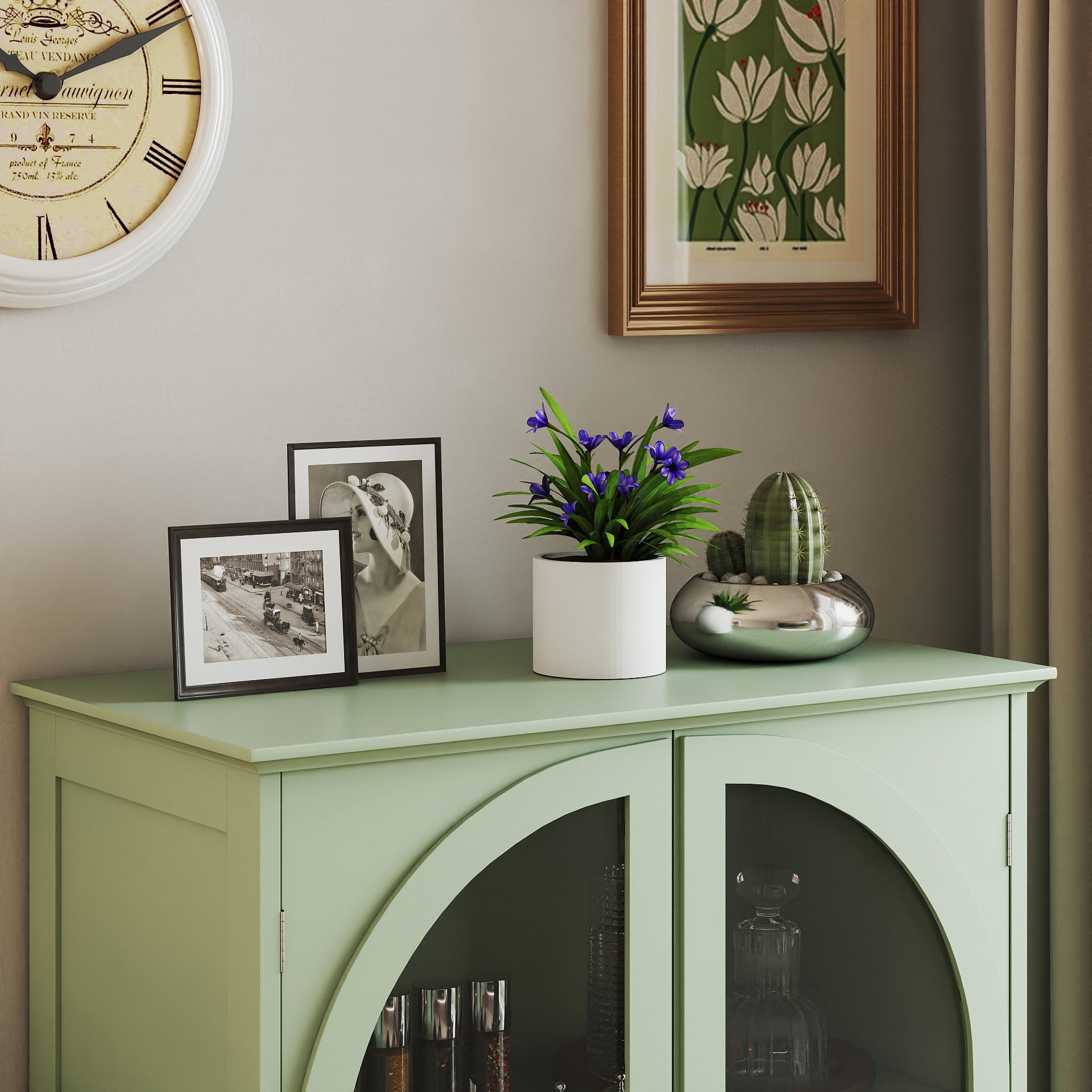 Farmhouse Sideboard with Double Arched Glass Doors, Green Storage Cabinet with Tiered Top & 1 Drawer for Kitchen, Living Room, Coffee Bar