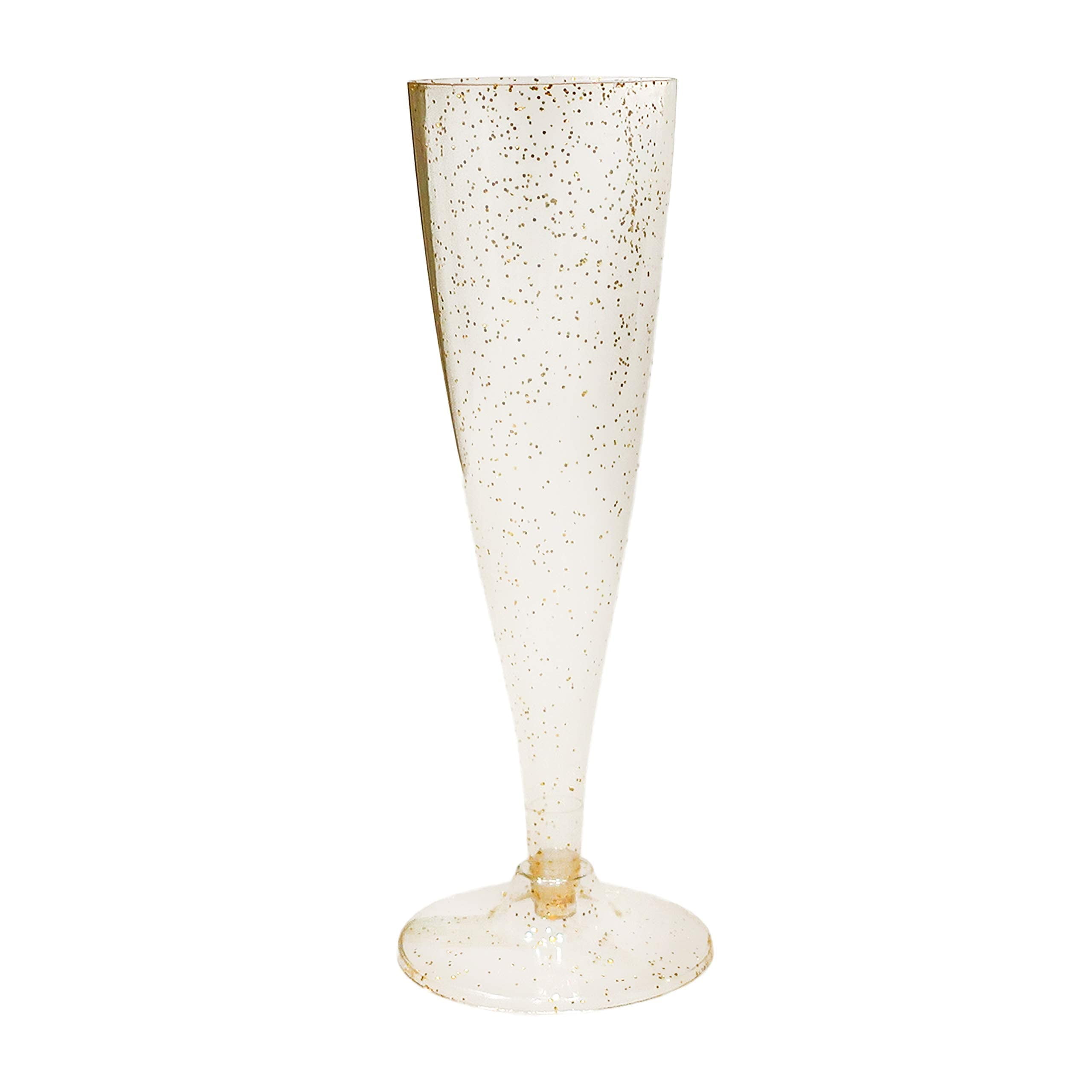 Oasis Creations Plastic Champagne Flute Glasses Set (100 count) 4.5 ounce - Gold Glitter Stem Cups- 2 Pieces- Ideal for Birthday Party, Wedding Reception, Office Parties, and other Celebrations!