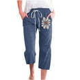 thumbnail image 4 of YUGYXL Summer Cropped Pants for Women Elastic Waist Flower Print Capris Trendy Drawstring Straight Pants with Pockets Navy L, 4 of 4