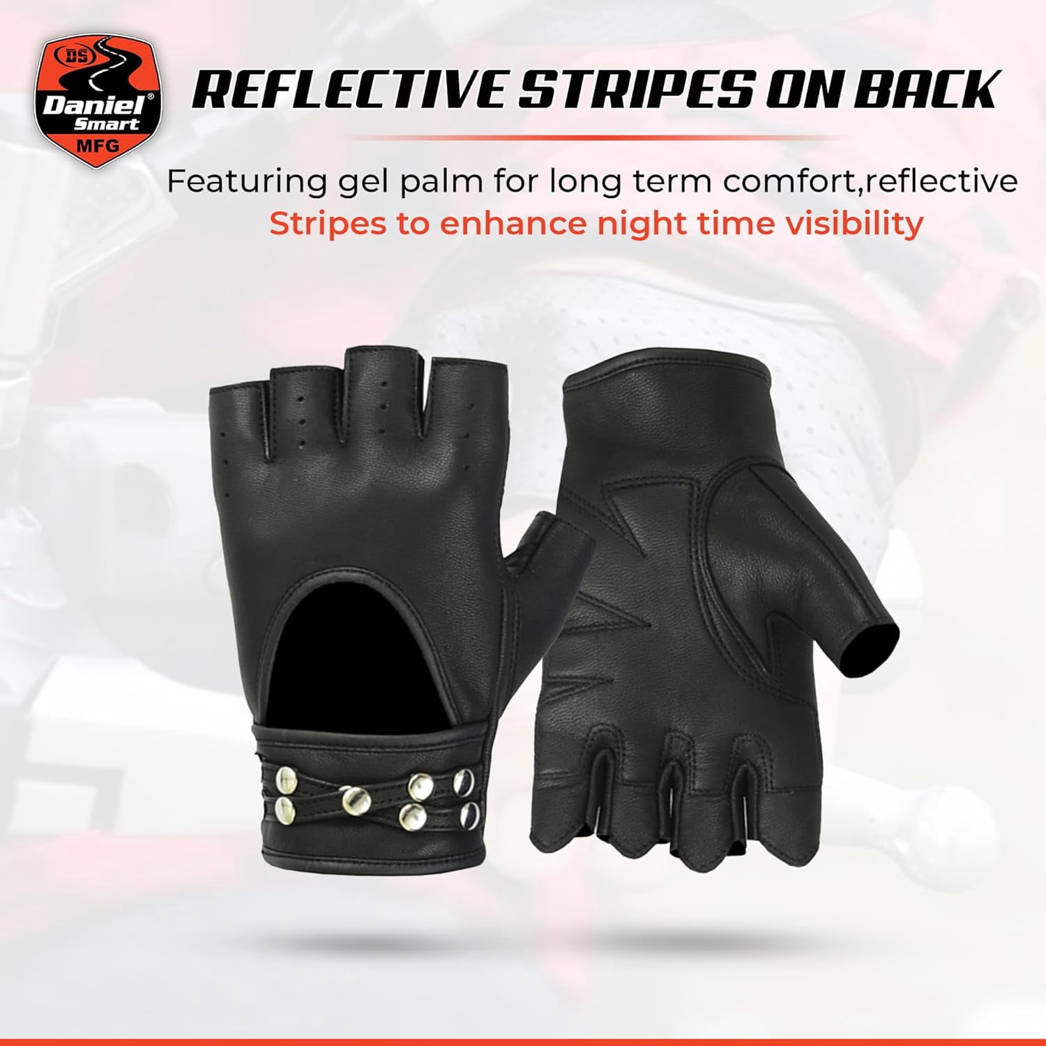 Daniel Smart Women’s Leather Gloves-Fingerless Motorcycle Gloves with Gel Palm and Wrist Strap