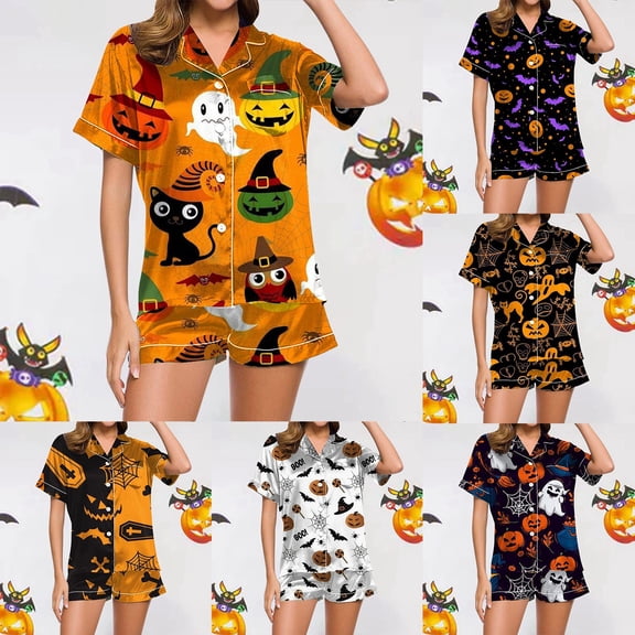 FASHOFT Silk Satin Halloween Pajamas for Women Set Funny Ghost Pumpkin Printing Short Sleeve Sleepwear Button Down Pjs Loungewear Black L