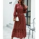 thumbnail image 2 of Vestido de mujer con cinturón y puños fruncidos, manga acampanada, dobladillo con volantes, cuello recortado, vestido estampado de puntos, rojo vino M, 2 of 6