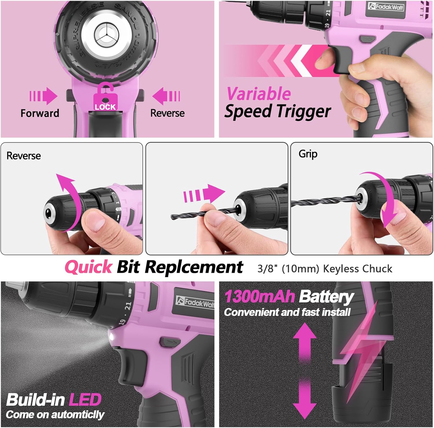 FADAKWALT 12V Pink Cordless Drill Kit for Women photo 7