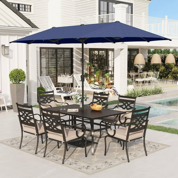 Sophia & William 8-Piece Outdoor Patio Dining Set with 13 ft Navy Blue Umbrella, Cushioned Chairs & Metal Table for 6