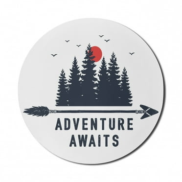 Saying Mouse Pad for Computers, Travel and Adventure Theme with Fir Trees Moon Gulls Calligraphy, Round Non-Slip Thick Rubber Modern Mousepad, 8" Round, Dark Blue Grey and Vermilion, by Ambesonne
