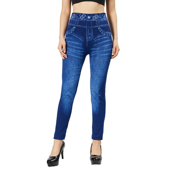LEBONYARD Women's Skinny Fit High Rise Leggings,Womens Trouser Pants,Women's Fashion Elastic Imitation Denim Print Leggings with Yoga Sport Elastic Pants Blue S