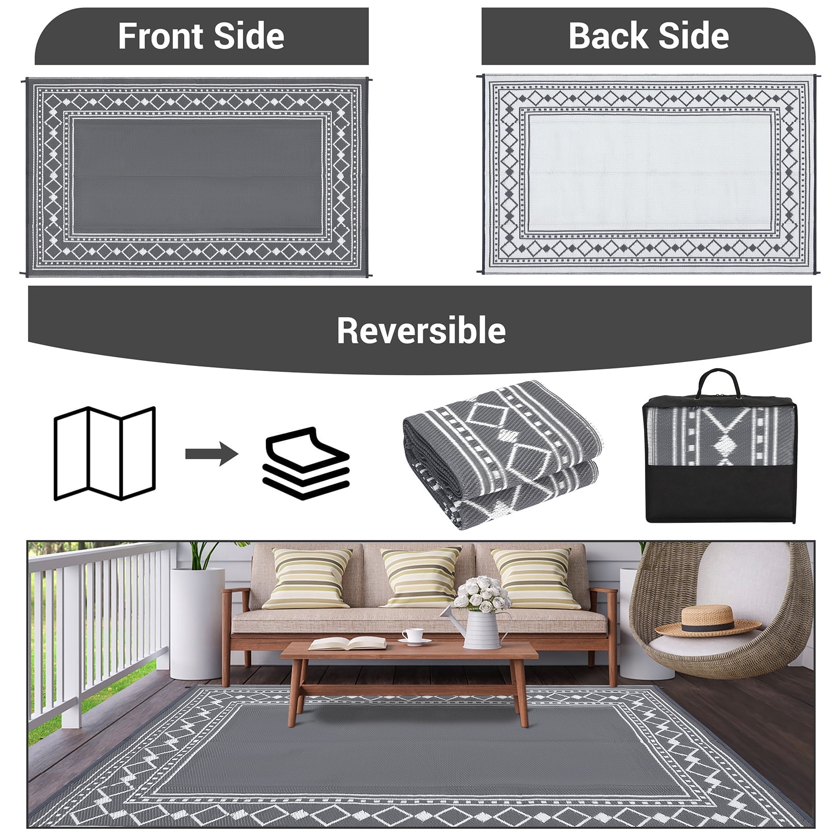 Memoryfield Outdoor Rug 9' x 18' Waterproof Patio Rug, Reversible Plastic Outside Carpet for RV Camping Deck Balcony Porch, Gray
