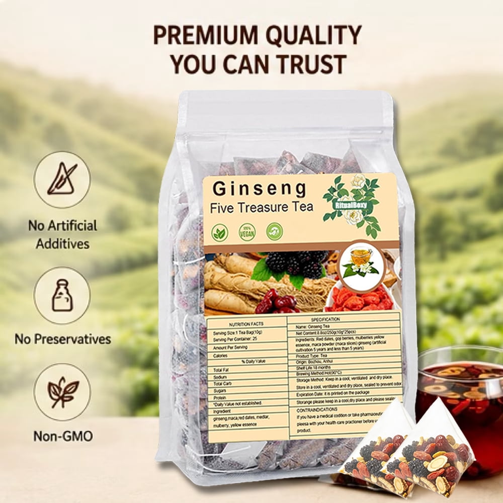 MindyLLL Ginseng Five Treasure Herbal Tea Bags Kidney Detox Cleanse Caffeine-Free 25 Count