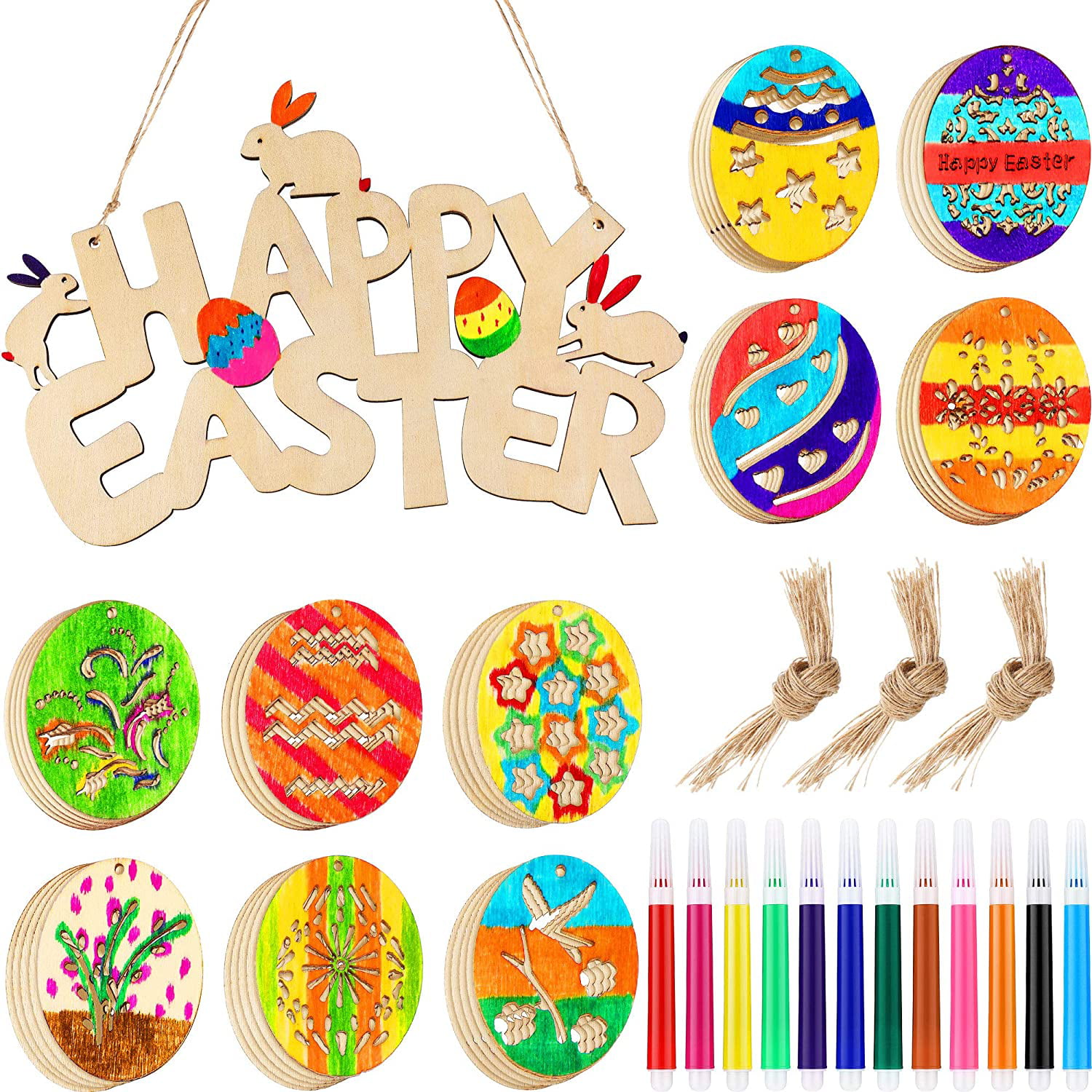 A 50 Pcs Unfinished Laser Wooden Slices Easter Eggs Hanging Ornaments,Suitable for Easter Egg Basket Stuffers Fillers DIY Crafts,Home Decorations or Gifts 