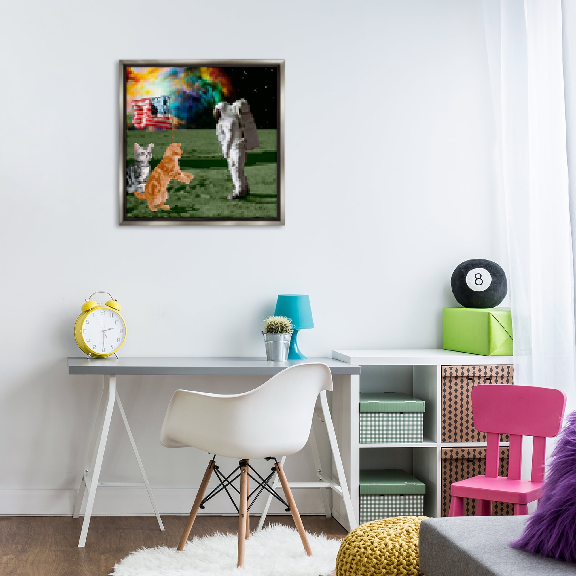 Stupell Industries Pixel Cats & Astronaut Novelty & Humor Painting Gray Floater Framed Canvas Art Print Wall Art, 25 x 25