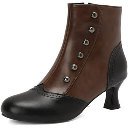 

Womens Classic Ankle Boots Round Toe Kitten Low Heel Side Zipper Booties with Rivets