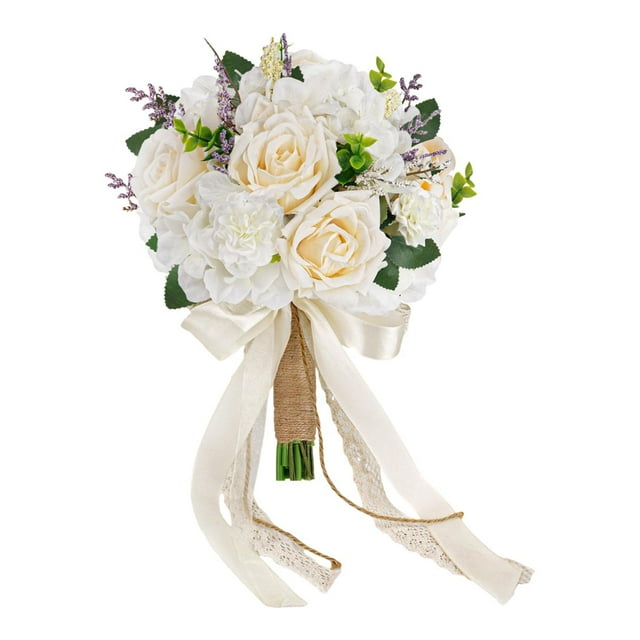 Ramo de novia, ramo de novia, flores artificiales realistas, flores decorativas para sujetar. Blanco