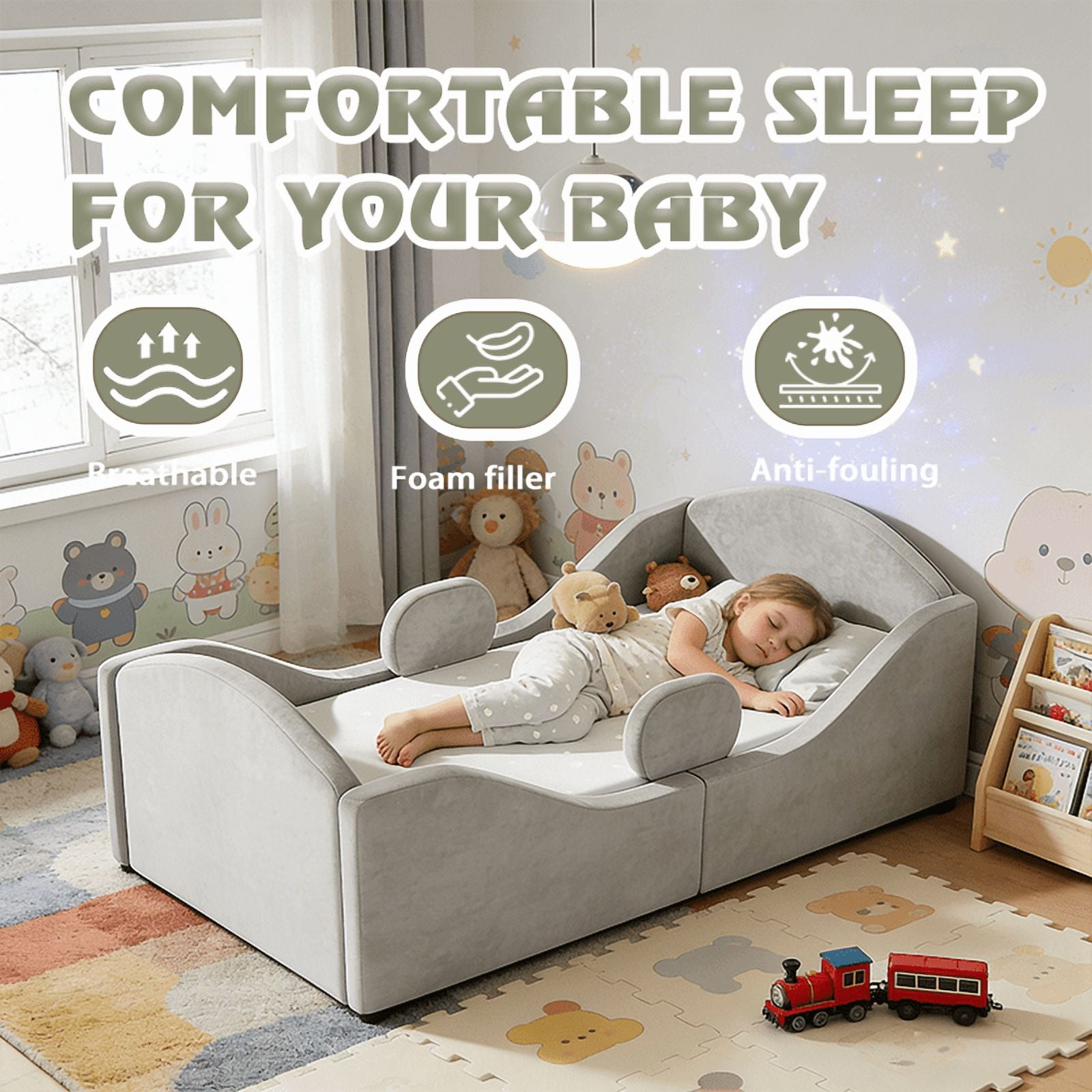 Datingday Toddler Floor Bed with Removable Safety Rails – Ultra Soft Upholstered Low-Profile Kids Bed, Standard Crib Size (Fits 52" x 28" Mattress), Gray, for Easy Crib-to-Big-Kid Bed Transition