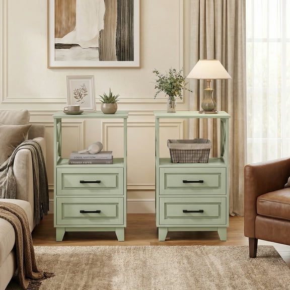 Heynemo Paint Night Stand Set of 2, Modern Tall Bedside Table with 2 Drawers and Open Shelf Above