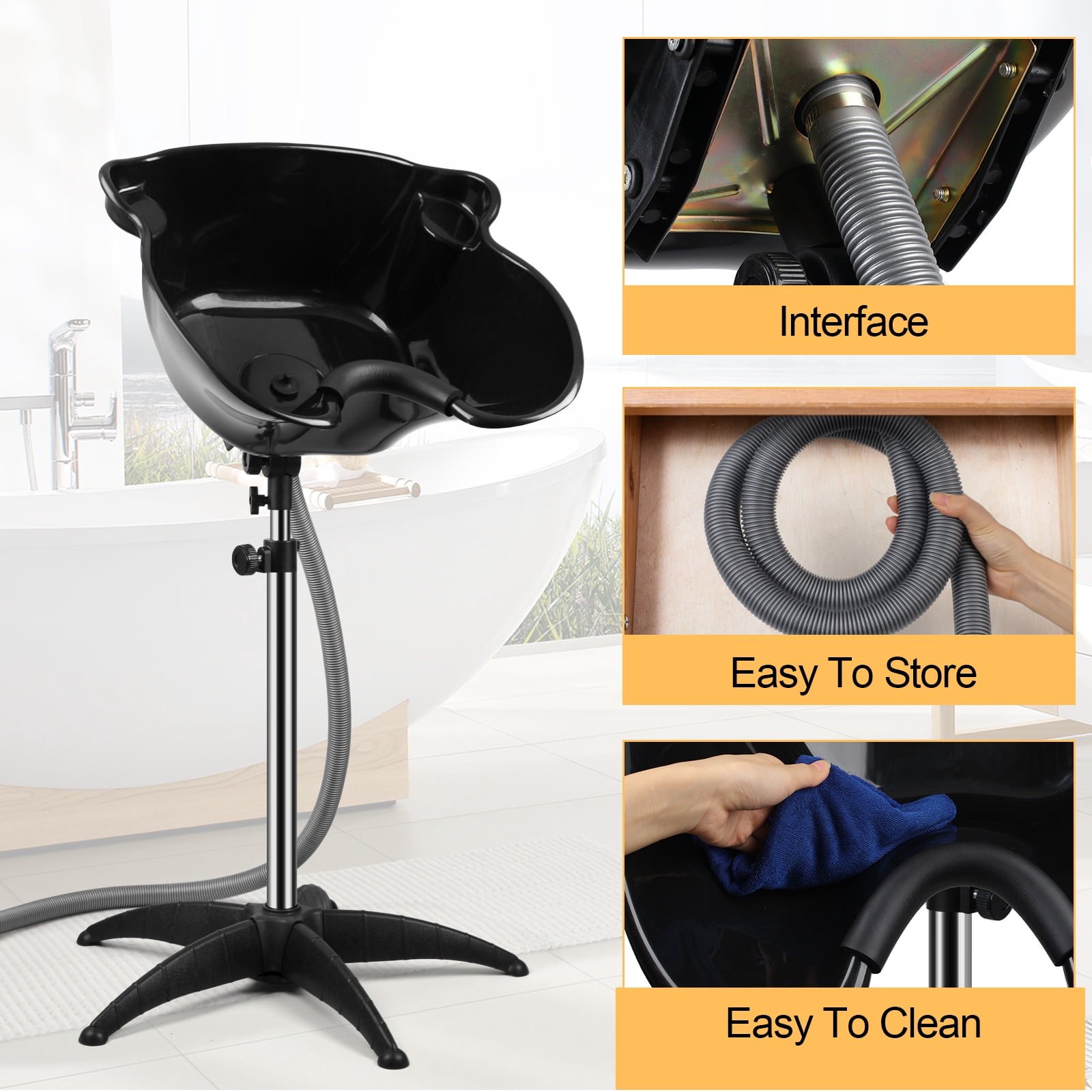 Portable Shampoo Bowl, 270 Degree Rotation of Hair Washing Basin, Height Adjustable Salon Sink with Drain Hoses for Home Salon Use (Black)