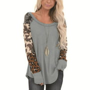 Women's Fashion Round Neck Color Matching Leopard Tops Long-Sleeved T-shirt