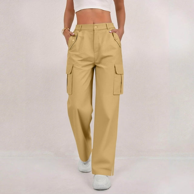 Timegard Cargo Pants Women Elastic Waist Button Straight Leg Loose Active Outdoor Side Split Trousers Fall