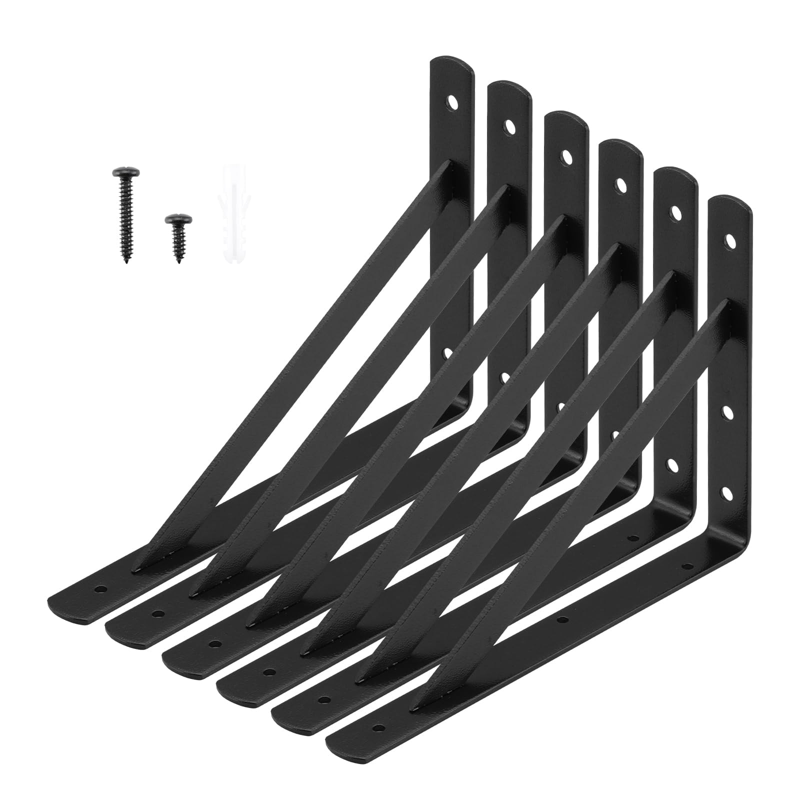 Heavy Duty Shelf Brackets 12 X 8 Inches  6 Pack Black Metal Shelves Supports Load Capacity: 600 Lb Wall Mounted Angle L Floating Bracket Rough Texture Powder Coating