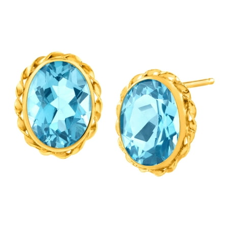 3 1/5 ct Natural Swiss Blue Topaz Button Stud Earrings in 14kt Gold