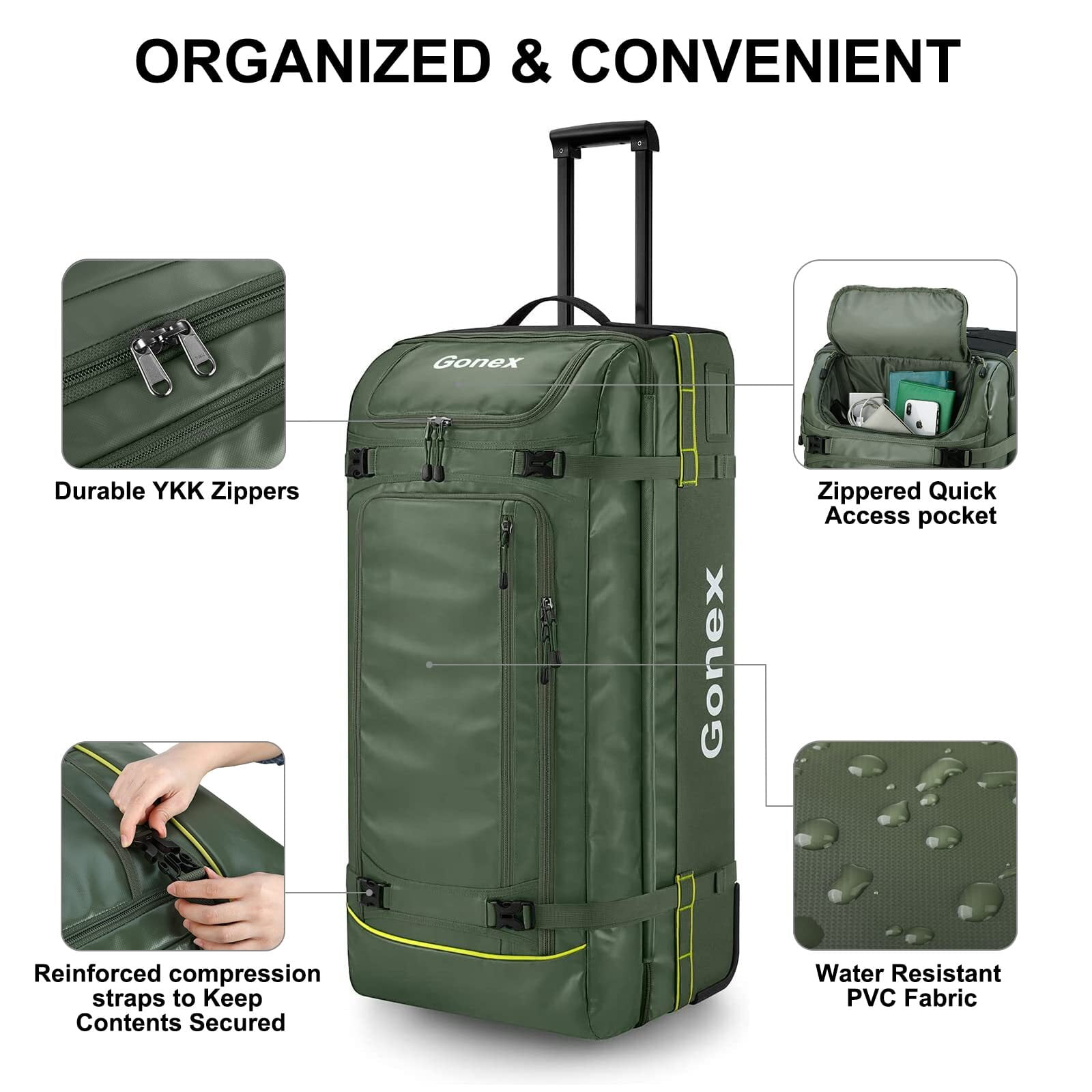 Gonex 33" Rolling Duffle Bag with Wheels, 100L Water Repellent Large Travel Duffel Luggage