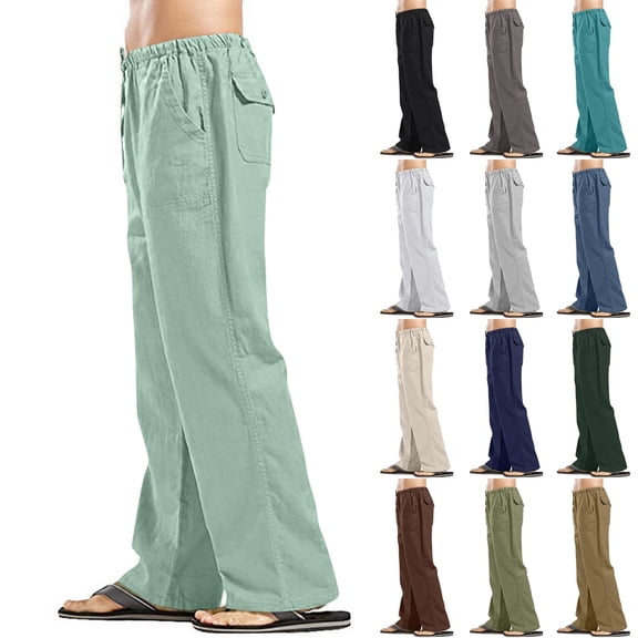 Men's Cotton Linen Pants Solid Color Casual Trousers, Lightweight Loose Beach Summer Pants for Vacation and Lounging,Army Green,L