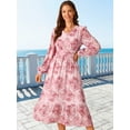 thumbnail image 4 of DARING DIVA Long Sleeve Floral V Neck Boho Chiffon Midi Dress S Pink, 4 of 8