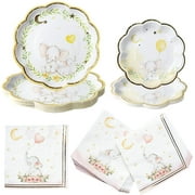 Elephant Paper Plates Napkins, Kate Aspen 16pcs 7 inch & 16pcs 9 inch Heavy Duty Disposable Party Plates, 30pcs 6.5 inch Durable Paper Napkins for Birthday, Baby Shower Party- Pink