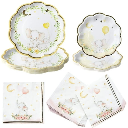Elephant Paper Plates Napkins, Kate Aspen 16pcs 7 inch & 16pcs 9 inch Heavy Duty Disposable Party Plates, 30pcs 6.5 inch Durable Paper Napkins for Birthday, Baby Shower Party- Pink