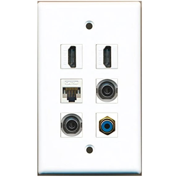 RiteAV - 2 HDMI 1 Port RCA Blue 2 Port 3.5mm 1 Port Cat5e Ethernet White Wall Plate