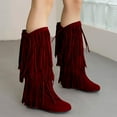 thumbnail image 2 of YLYL Women's Suede Flat Mid Calf Boots Wide Calf Tassel Round Toe Slip on Warm Winter Boots, 2 of 7