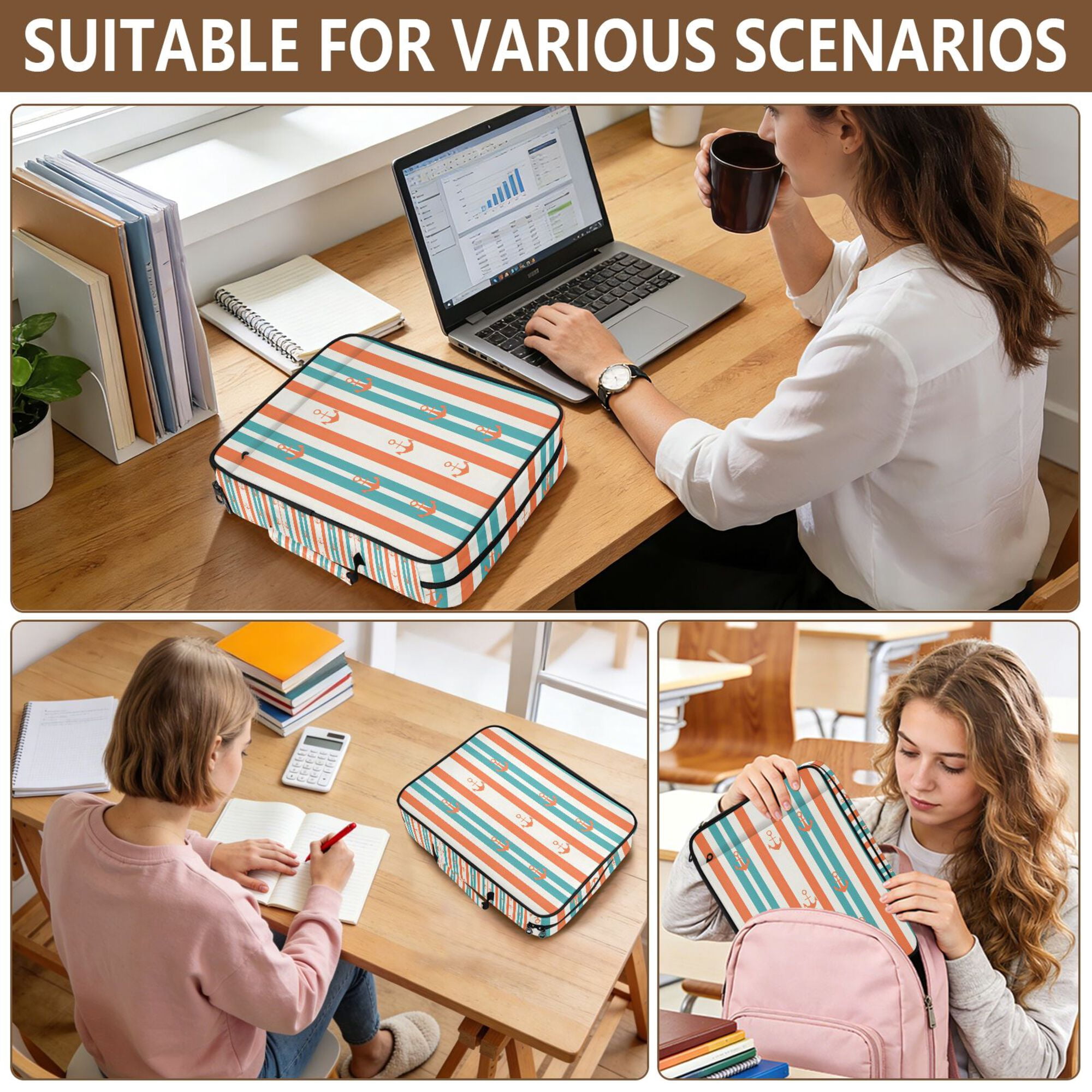FORMRS Accordion File Folder A4 Size 7-Pocket Expanding Document Organizer Bag with 3 Ring Binder, Simple Nautical Pattern