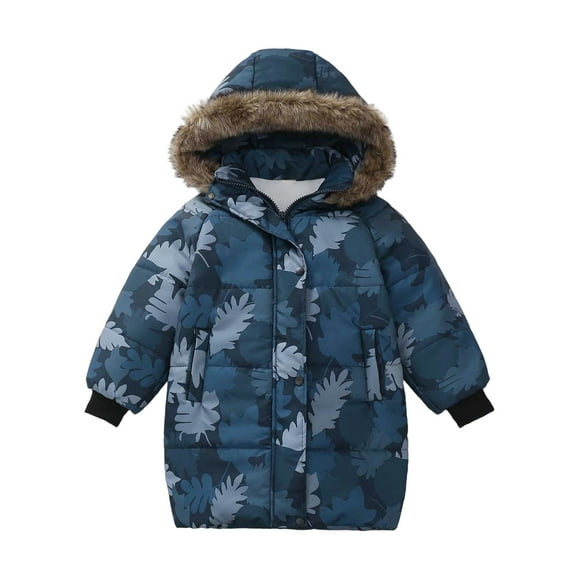 WhouRiu Little Boy's Winter Coat Trim Hooded Thermal Zip Padded Long Jacket Kids Thicken Warm Windproof Puffer Coats Blue,Sized 5-6