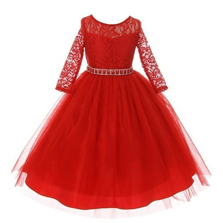 Little Girls Red Floral Lace Rhinestone Waist Tulle Christmas