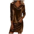 thumbnail image 3 of Maqroz Velvet Dress for Women Plus Size Casual Long Sleeve Button Lapel Shirt Dresses Party Cocktail Holiday Mini Dresses Vestidos De Mujer Elegantes Brown XL, 3 of 6