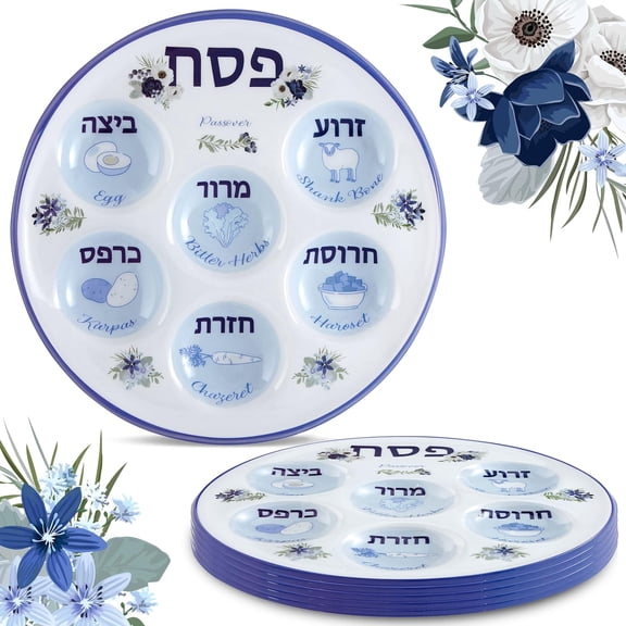 Aviv Judaica Disposable Passover Seder Plates 10.25" Inch Round - Floral Design Multi Pack Passover Plates Durable Plastic Sayder Trays Communal Seder Plates Pesach Table Decorations (6-Pack)