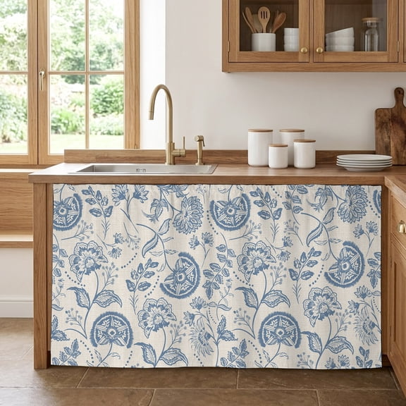 Blue Paisley Cabinet Curtain 28"Wx51"L,Dustproof Storage Cabinet Curtain with Self Adhesive Tape,Vintage Boho Flower Botanical Leaf Branch Tall Pantry Cover Drape for Kitchen,Utility Closet