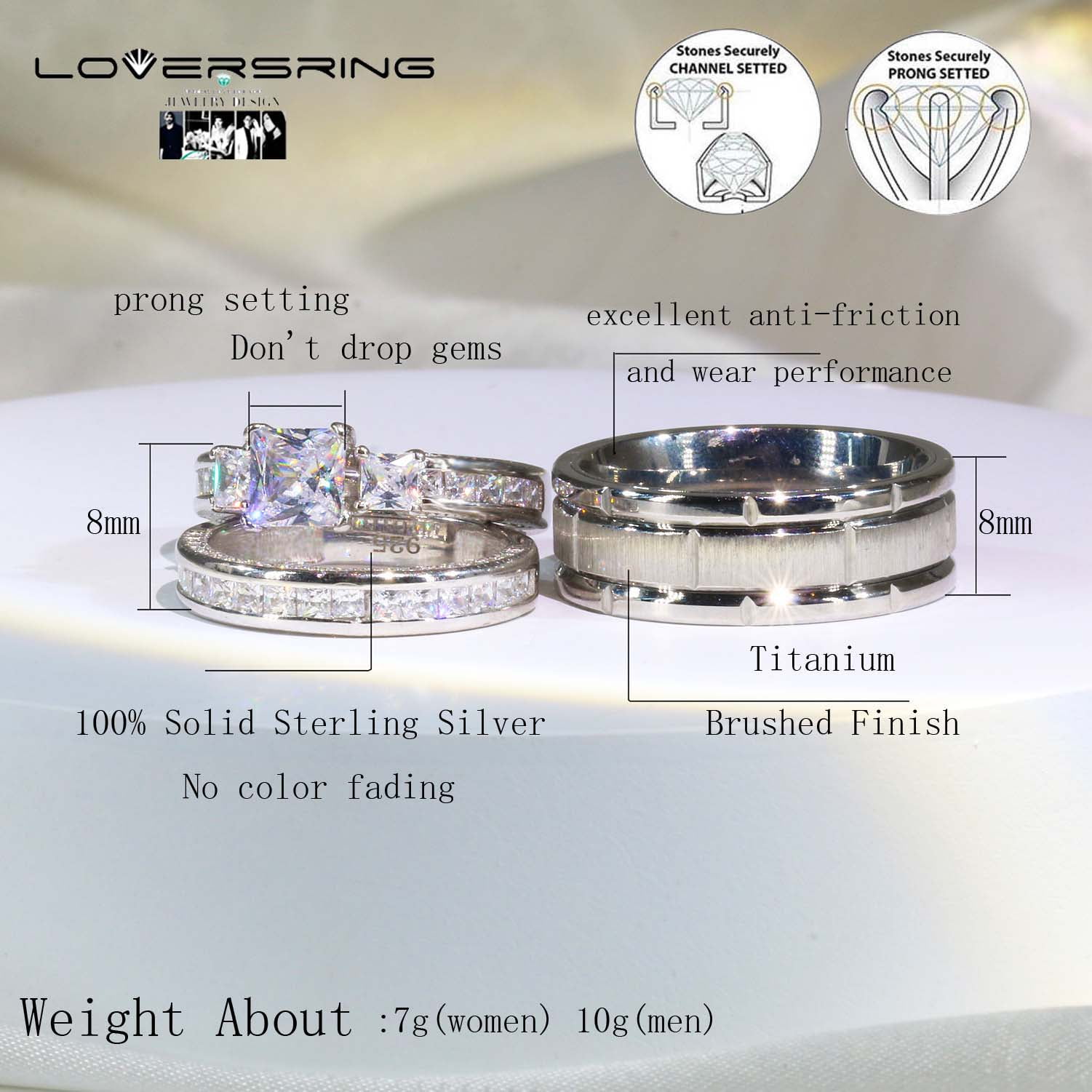 Couple rings Wedding Ring Set Women Square cut Moissanite Engagement Ring in Sterling Silver Man Titanium Bands