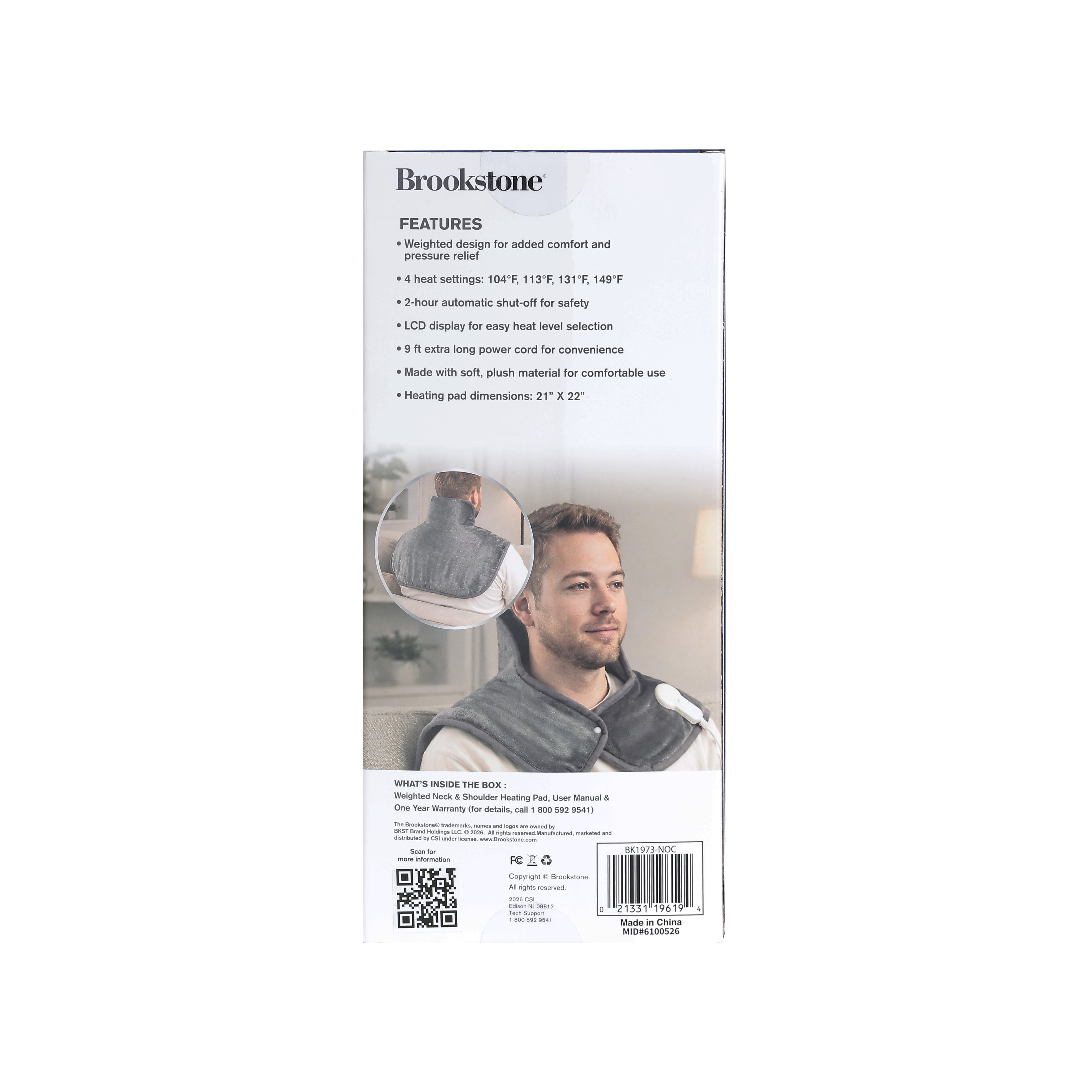 Brookstone Heated Weighted Neck & Shoulder Pad – 21” x 22" Electric Heating Pad for Neck, Shoulders & Upper Back, 4 Heat Settings, LCD Controller, Soft Plush Fabric, 2-Hour Auto Shut-Off