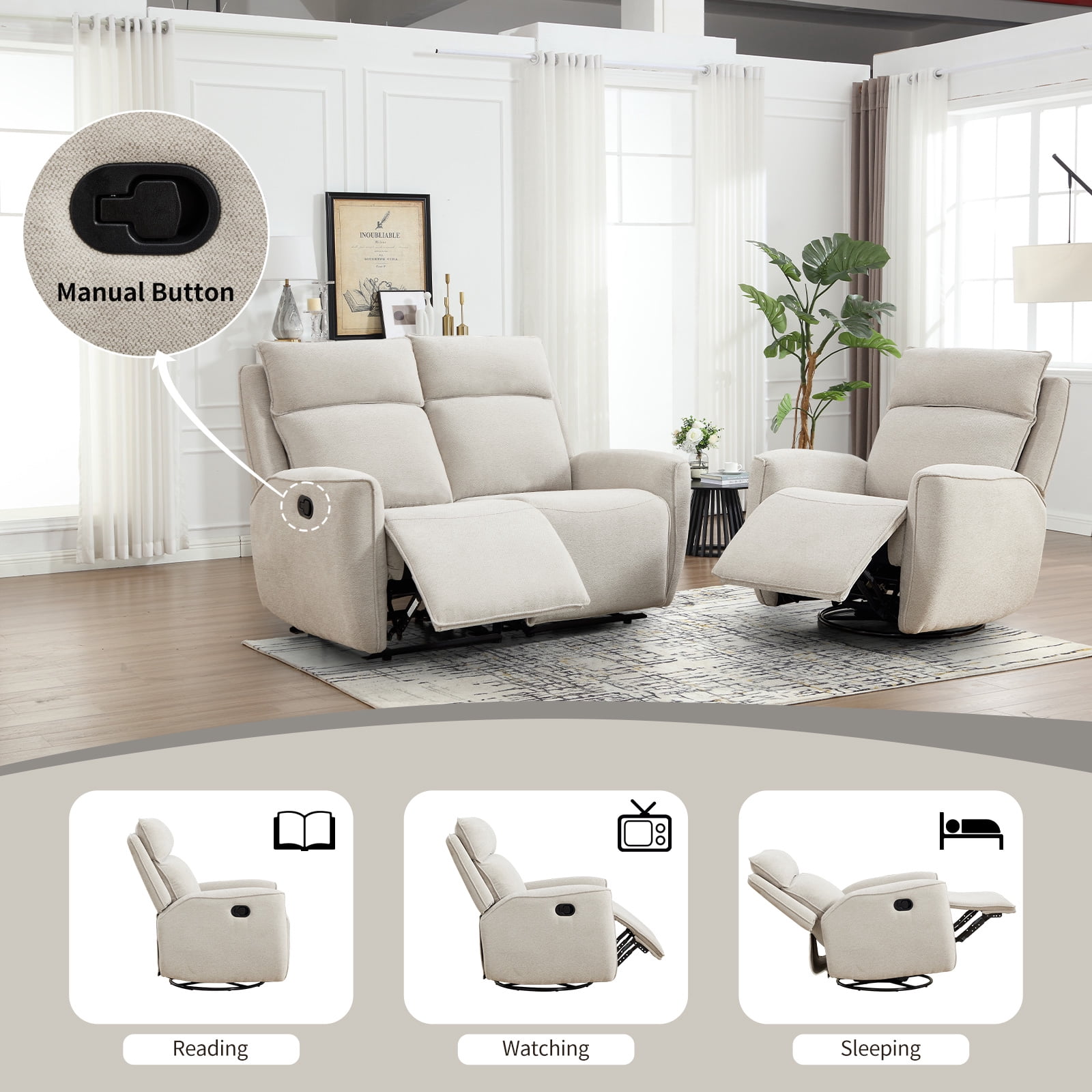 Bonzy Home Fabric Manual Recliner Sofa Set — Single Recliner & Loveseat with Center Console, Hidden Storage & Cup Holders