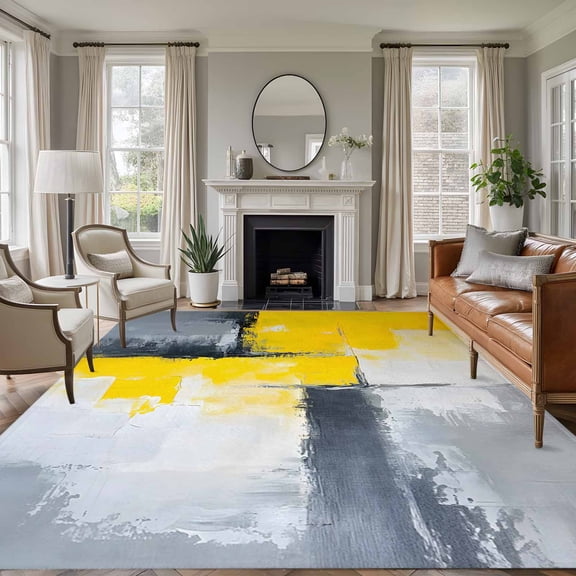 6'x9' Area Rugs, Yellow Grey Indoor Outdoor Area Rug for Living Room Bedroom, Modern Oil Painting Abstract Washable Bathroom Rugs Kitchen Floor Carpet Mats Home Decor Aesthetic