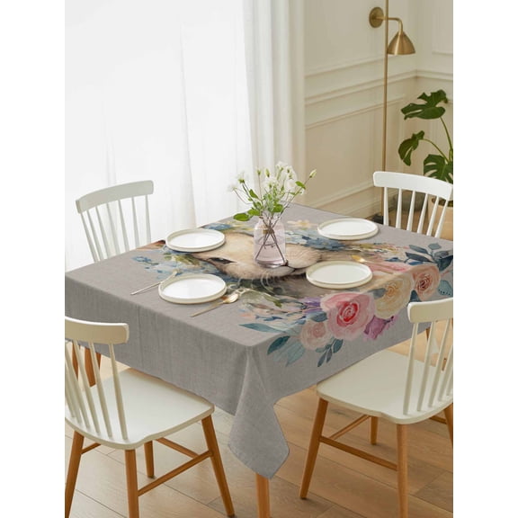 Easter Rabbits Gray, Tablecloth Rectangle Table Cloth 60x84, Waterproof Tablecloth Outdoor Table Cloth, Easter Bunny Spring Rose Flower Washable Table Cover for Kitchen Dinning Party