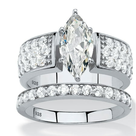 - 3.01 TCW Marquise-Cut White Cubic Zirconia 2-Piece Bridal Wedding Ring Set in Platinum over Sterling Silver