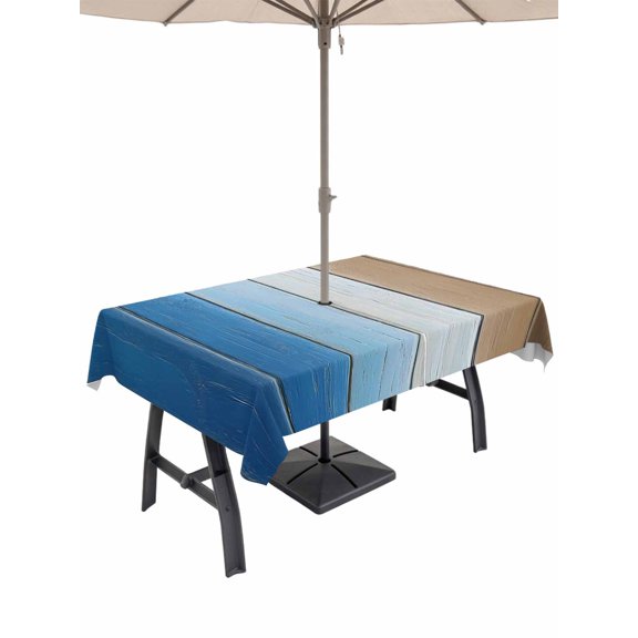 Outdoor Tablecloths with Umbrella Hole & Zipper, Blue Brown Rectangle Tablecloth 52x70 Inch, Gradient Wood Grain Farmhouse Country Waterproof Table Cloth, Patio/Pool/Picnic Table Covers