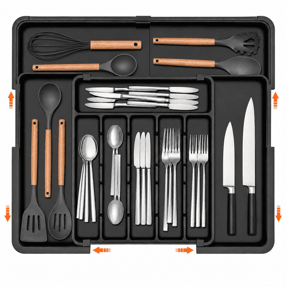 Expandable Silverware Drawer Organizer, Adjustable Utensil Tray for Kitchen Drawers, 9-Compartment Cutlery and Flatware Organizer, Expands from 13.11" × 14.49" to 22.04" × 18.90", Black