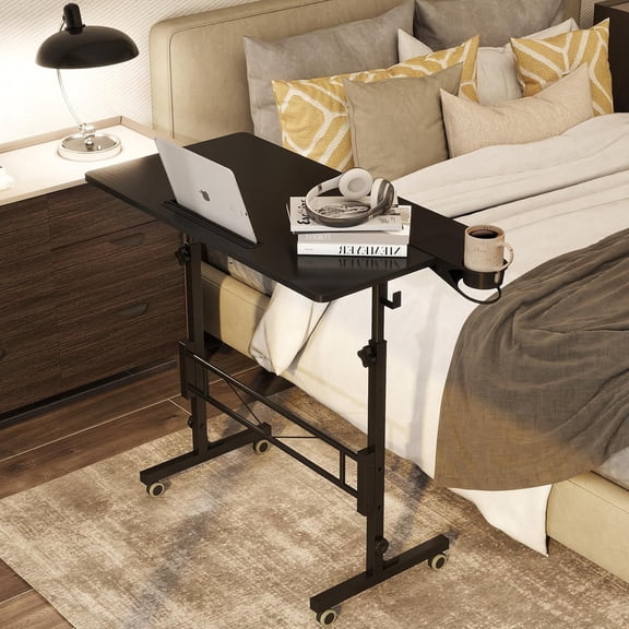 Small Standing Desk Adjustable Height, Mobile Stand Up Desk with Wheels, Portable Walking Pad Table Stand, Rolling Laptop Cart for Standing or Sitting, Black