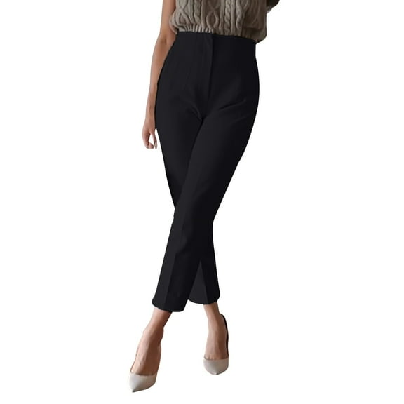 Women's Elastic High Waist Cropped Work Pants with Pockets, Professional Office Trousers with Hidden Zipper, Comfortable Suit Pants for Casual Wear, Business Attire, and Multiple Occasions Black L