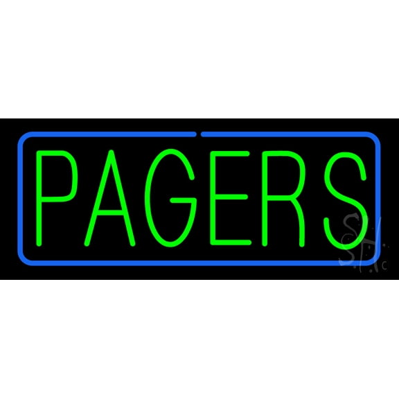 Green Pagers Blue Border LED Neon Sign 10 x 24 - inches, Clear Edge Cut Acrylic Backing, with Dimmer - Bright and Premium built indoor LED Neon Sign for Computer & Electronics store decor.