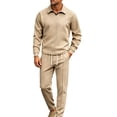 thumbnail image 2 of Men's 2 Piece Outfits Crew Neck Sweatshirt Ndbuld Men's Diamond- Textured Lapel Solid Color Casual Sports Suit Men's Spring And Loose Drape Versatile Two-piece Set For Work And Fitness Khaki,XS, 2 of 9