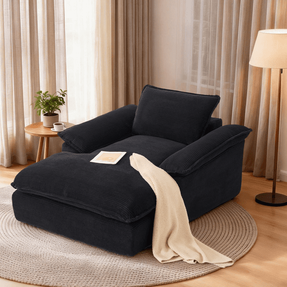 QNACPY 67" Oversized Chaise Lounge Chair Bedroom, Boneless Couch Comfy Upholstered Sleeper Sofa Bed with Double Cushions, Corduroy Cloud Reading Chair for Living Room,Office,Black